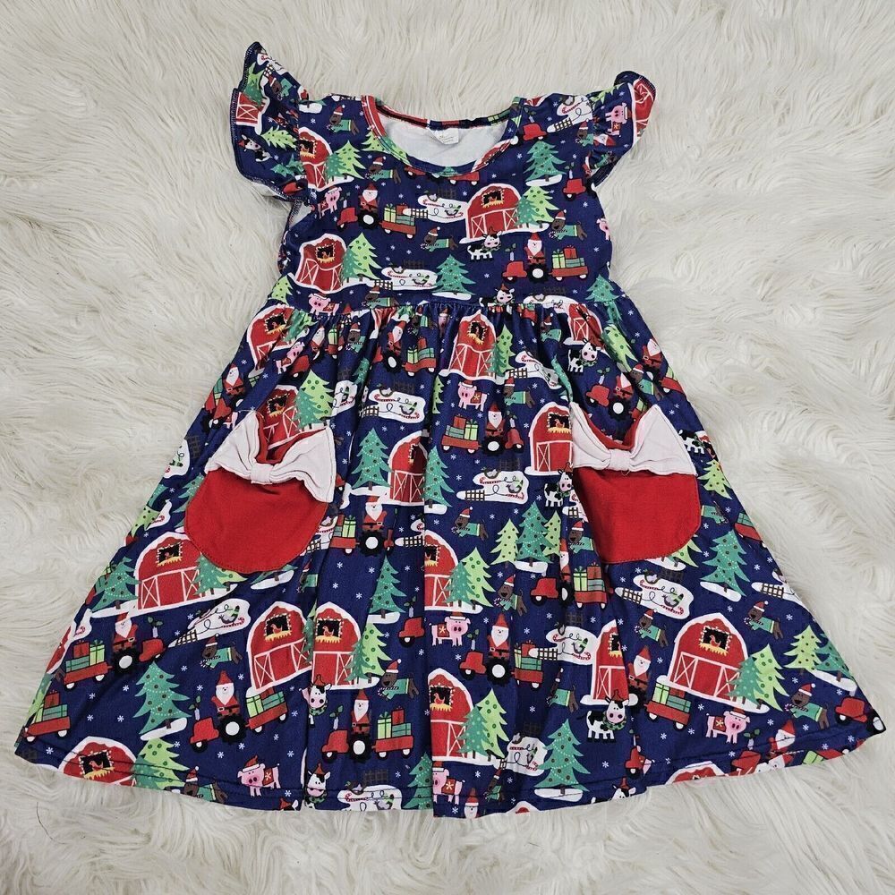 Christmas Dress Christmas On The Farm Barn Girls Xl Fits 5-6 Flutter Dress